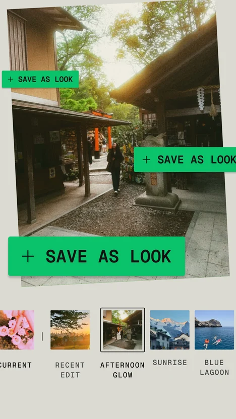 Snapseed 样式页：照片预览、保存为样式按钮与样式缩略图